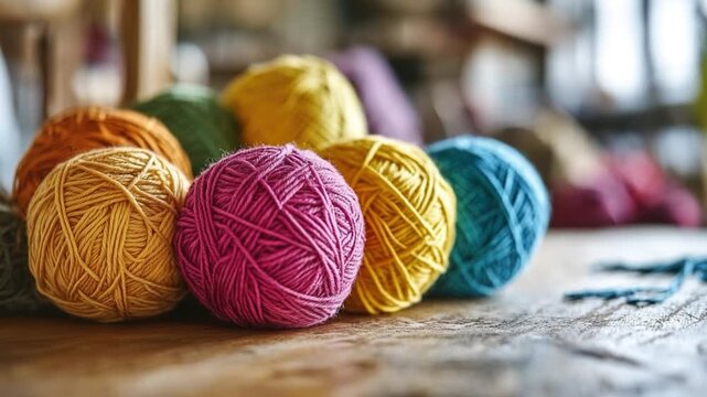 A collection of colorful balls of yarn sit on a table, ready for knitting or crochet projects