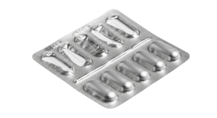 Isolated ten capsules in silver blister pack next to an empty blister, prescription remedy