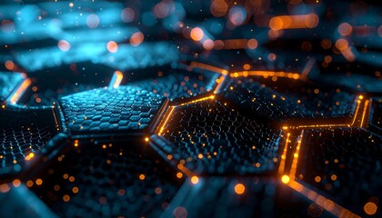 Abstract hexagonal grid with glowing orange lights and bokeh effect, futuristic technology background