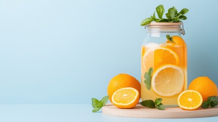 Refreshing Orange and Lemon Infused Water in a Glass Jar with Fresh Oranges and Mint on a Light Blue Background