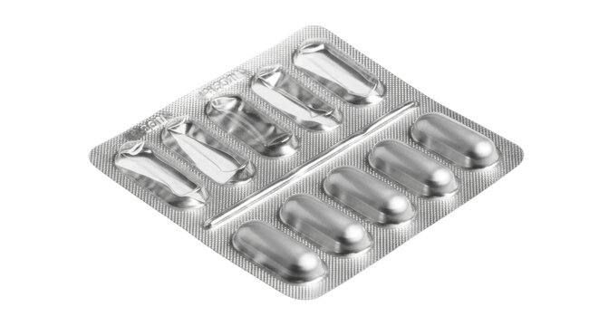 Isolated ten capsules in silver blister pack next to an empty blister, prescription remedy