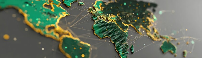 Highly detailed world map with golden accents highlighting continents and countries in a luxurious modern design ideal for travel and geography themes