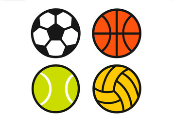 Set of four popular sports balls icons: soccer, basketball, tennis, and volleyball
