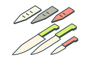 Obraz premium Set of stylized kitchen knives and sharpening tools arranged diagonally on white background