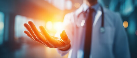 Modern doctor or healthcare professional in white coat offe assistance with outstretched hand in bright clinical setting