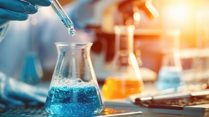 Detailed laboratory scene with glassware and scientist using pipette in chemistry experiment at modern science lab