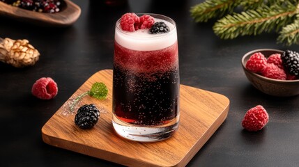 Elegant Berry Cocktail with Raspberries, Blackberries, and Frothy Top on Wooden Board, Festive Drink