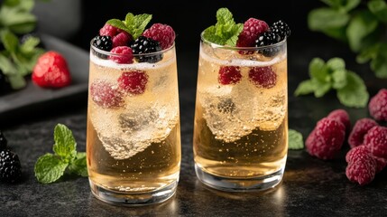 Two Sparkling Berry Cocktails with Raspberries, Blackberries, and Mint, Refreshing Summer Drinks