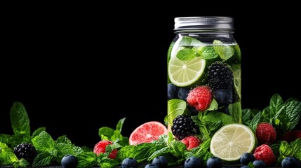 Infused Water with Lime, Berries, and Mint in Glass Jar, Healthy Detox Beverage on Dark Background