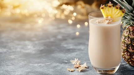 Creamy Pi&ntilde;a Colada Cocktail with Pineapple Garnish, Refreshing Tropical Drink for Summer Vacation, Exotic Holiday Beverage Concept with Bokeh Background