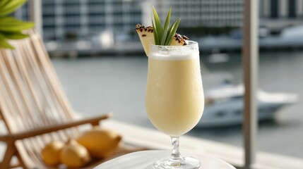 Elegant Pi&ntilde;a Colada Cocktail with Pineapple Garnish Overlooking a Marina, Creamy Tropical Drink for Summer Vacation, Exotic Holiday Beverage with City View