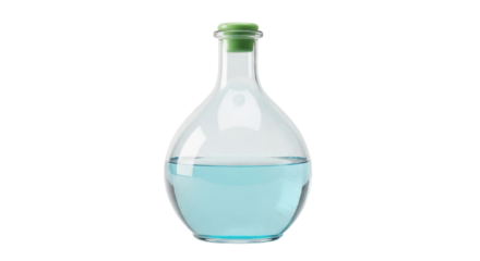 Isolated lab flask with blue liquid, laboratory equipment for chemical or scientific experiments