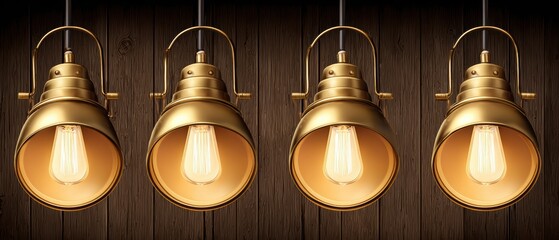 Four vintage industrial style pendant lamps hanging in a row with warm glowing bulbs over a dark wooden background