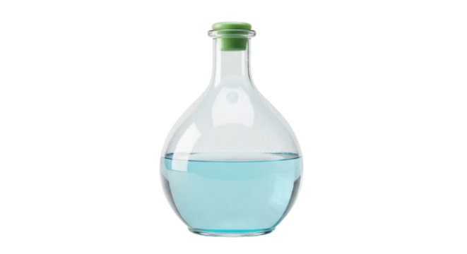 Isolated lab flask with blue liquid, laboratory equipment for chemical or scientific experiments