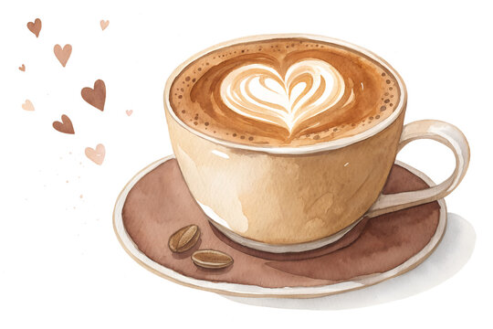Watercolor latte coffee cup with heart shaped foam art on top, cozy hand painted vector illustration. Warm breakfast drink icon for café menu, barista design, love and comfort concept.