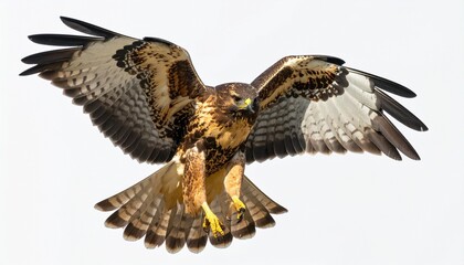 Hawk in Mid-Flight with Extended Talons – Brown and Tan Plumage Against Light Sky Background