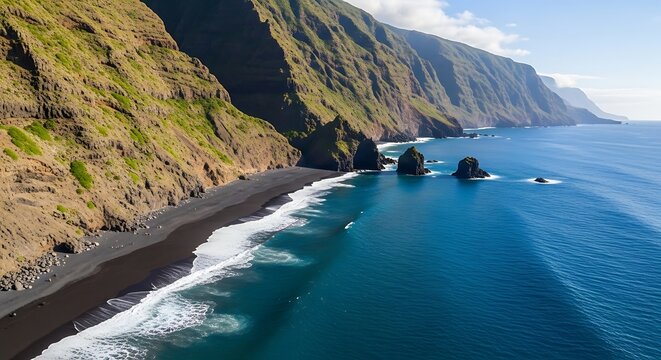 Dramatic Coastal Scenery - Cliffs, Black Sand Beach, and Azure Waters.