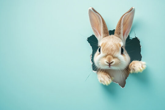 Adorable bunny peeps through hole, bright paper is beauty! The rabbit is cute! See the bunny peeking? Funny is cool and joy.