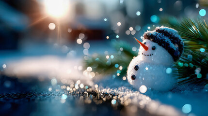 Festive snowman wearing a red hat and scarf surrounded by snow and pine branches on a sparkling winter background