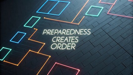 Neon Light Sign with Text Preparedness Creates Order on Floor