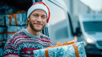 Cheerful man in Santa hat holding a wrapped Christmas gift while standing in a delivery van during the holiday season