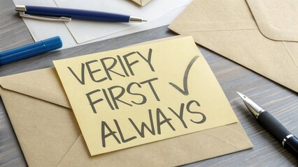 Note with Verify First Always Message on Desk with Envelopes
