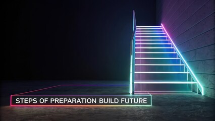 Neon Lit Stairs Symbolizing Steps Towards Building a Bright Future