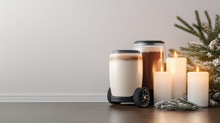 Modern Coffee Still Life: Latte on Wheels, Candles, and Christmas Decor, Minimalist Holiday Concept, Unique Beverage Presentation, Festive Season