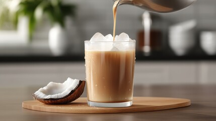 Iced Coconut Latte: Pouring Coffee into Glass with Ice and Coconut, Refreshing Summer Drink, Beverage Photography, Tropical Flavors, Coffee Art