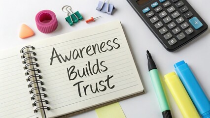 Notebook with Awareness Builds Trust Text and Office Supplies Arrangement