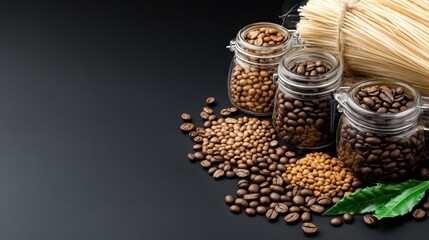 Coffee Bean Variety: Assorted Roasted Coffee Beans in Glass Jars with Green Leaves on Black Background, Coffee Shop and Cafe Concept