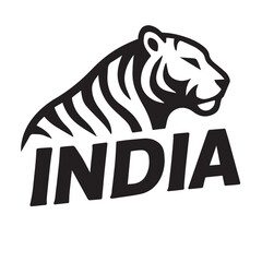 Bold black silhouette illustration of a tiger above India text, symbolizing wildlife, strength and culture. Perfect for logos, posters, prints and patriotic branding projects.