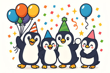 Obraz premium Adorable group of cartoon penguins holding balloons and wearing party hats in festive scene
