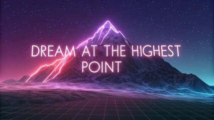 Neon Mountain Landscape with Inspirational Quote at Night Sky