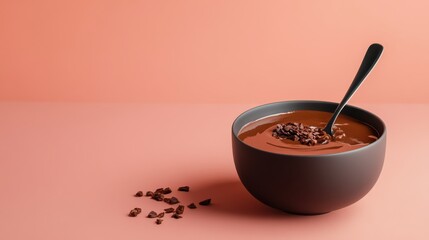Dark Chocolate Mousse in a Black Bowl with Chocolate Shavings on a Pink Background. Delicious Dessert Concept. Copy Space Available.
