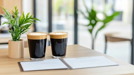 Two Glasses of Coffee with Latte Art on Wooden Table with Plant and Menu, Modern Cafe Setting