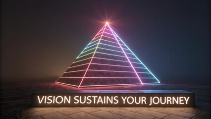 Neon Pyramid in Fog with Inspirational Quote for Journey Reflection