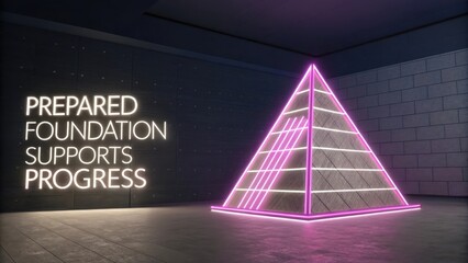 Neon Pyramid Structure with Inspirational Words in Modern Space Design