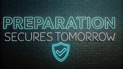 Neon Quote on Dark Brick Wall: Preparation Secures Tomorrow