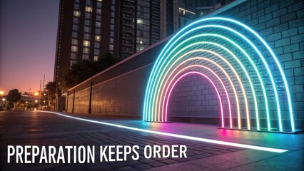 Neon Rainbow Arch Illuminated in Urban Setting at Dusk