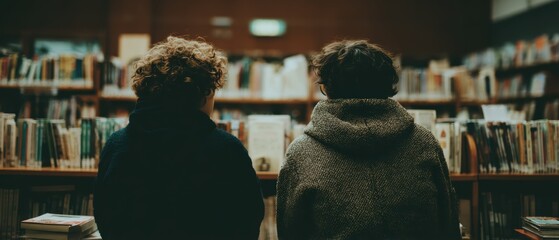 Two young people browsing and selecting books in a well-stocked modern library with wooden shelves and warm lighting for studying and reading