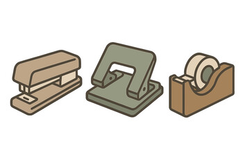 Essential office supplies set including stapler, hole puncher, and tape dispenser in muted colors