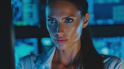 Close-up of a focused confident female cybersecurity analyst working in a modern tech office with multiple screens displaying data and code