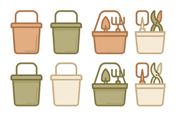Gardening tools and equipment in buckets and containers for planting and pruning