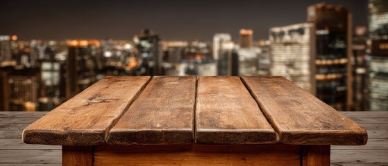 Empty Wooden Table Surface in Front of a Blurred City Skyline at Night for Modern Urban Interior or Food Display Background