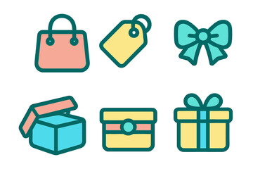 Colorful set of commerce and gift icons including shopping bag, price tag, bow, and present boxes