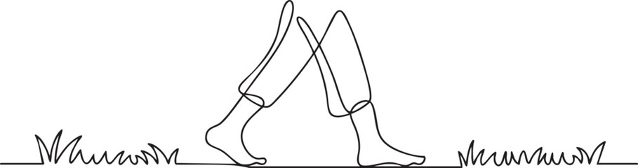 Continuous one line drawing of barefoot legs walking leisurely on grass or beach symbolizing relaxation, health, and National Go Barefoot Day