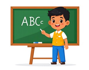 A cheerful cartoon child with dark hair stands near a green chalkboard, holding chalk and pointing to the letters "ABCc
