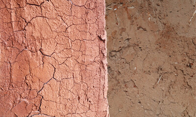 Closeup on the texture surface image of very dry clay and soil show cracks form summer hot dry season and contrast of two natural materials.
