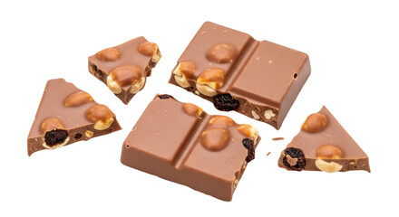 Isolated assorted milk chocolate pieces with nuts and raisins ready for dessert treat